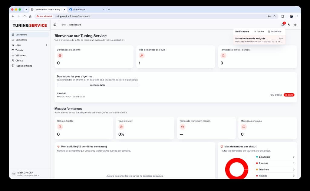 Dashboard espace tuner avec notification de nouvelle demande