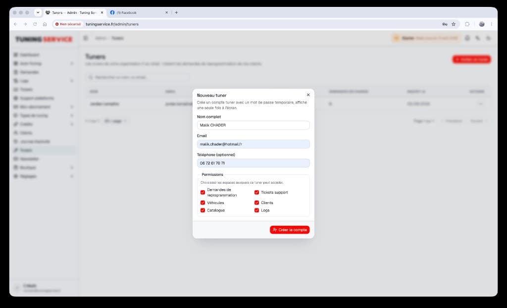 Création d’un compte tuner avec permissions par espace